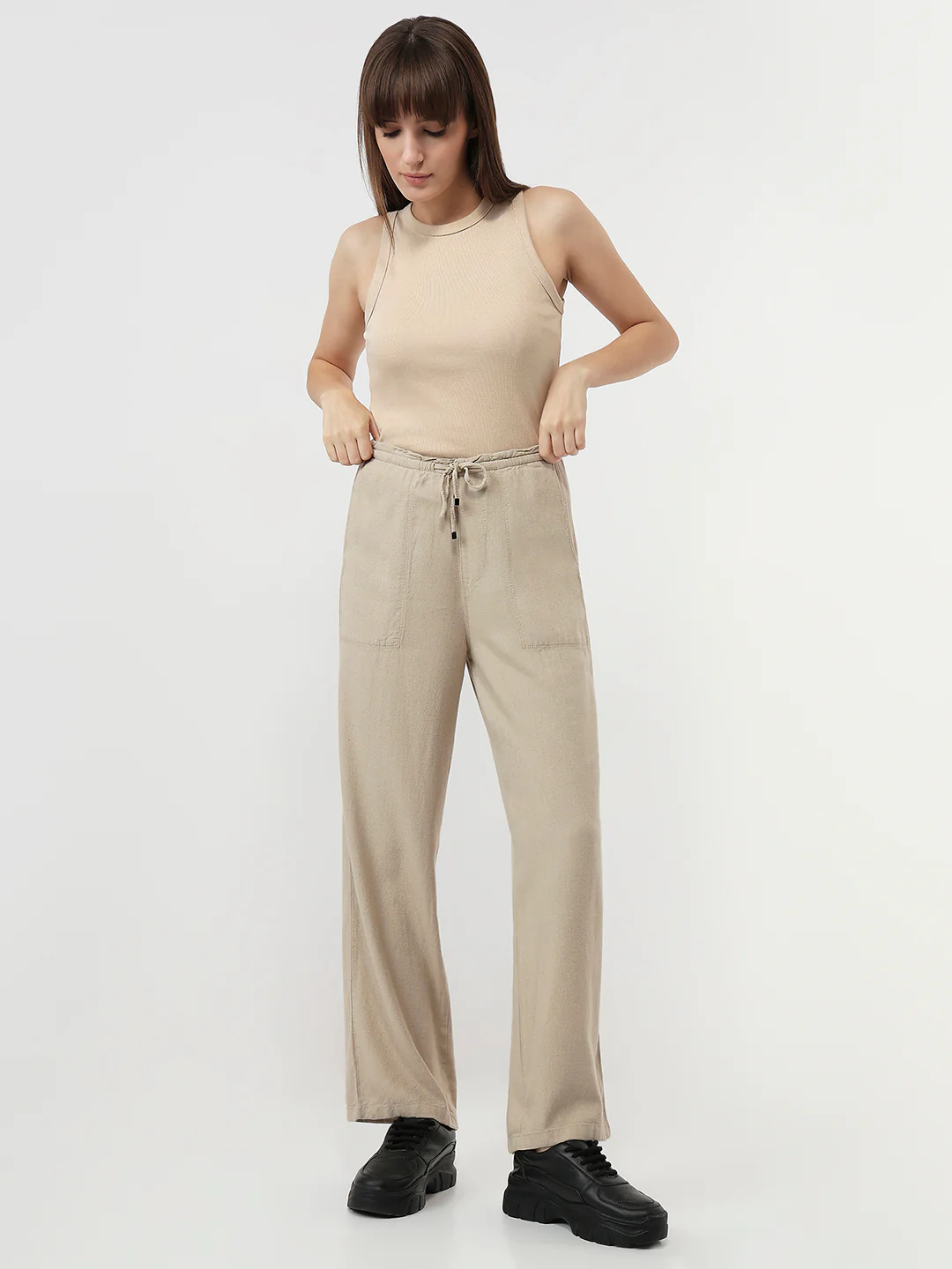 Women Oatmilk Wide Leg Paper Bag Pants - Image 4