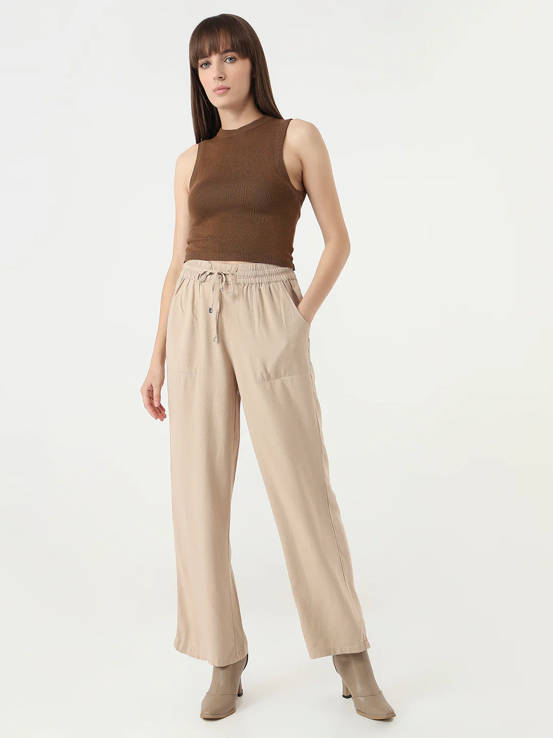 Women Oatmilk Wide Leg Trousers - Image 4