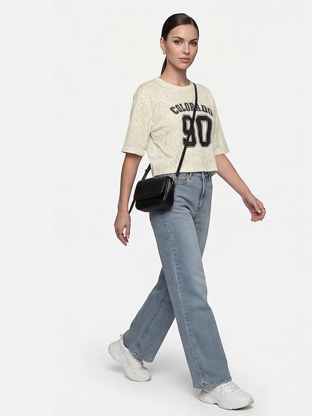 Women Off White Burnout Graphic Crop Tees