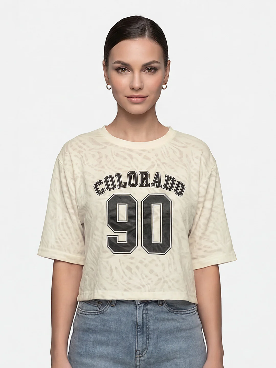 Women Off White Burnout Graphic Crop Tees - Image 2