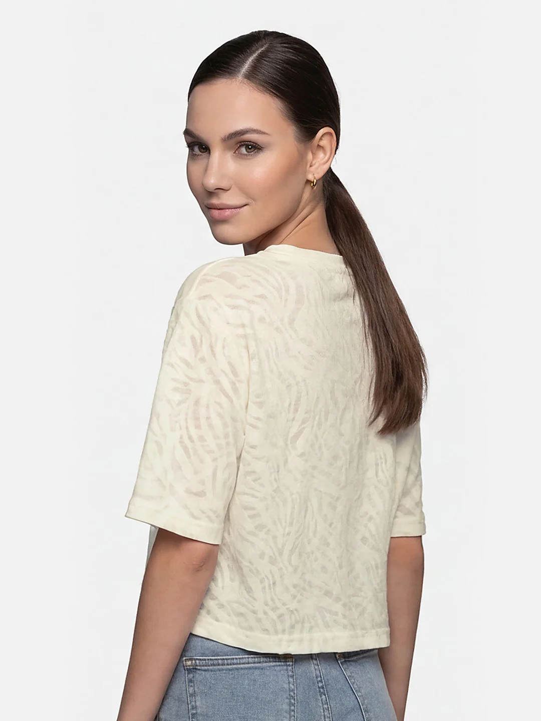 Women Off White Burnout Graphic Crop Tees - Image 3