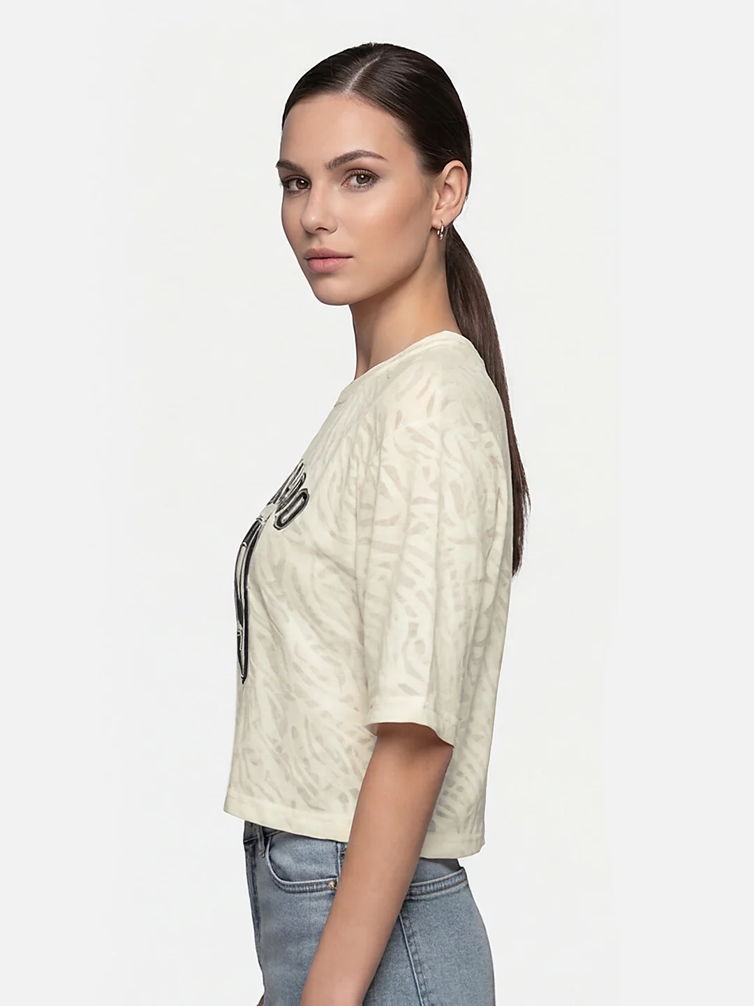 Women Off White Burnout Graphic Crop Tees - Image 5