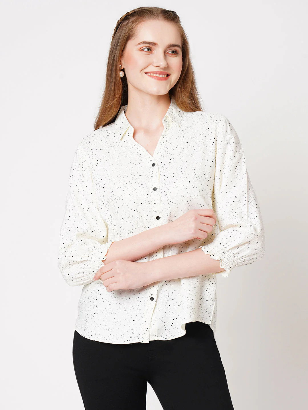 Women Off White Dots Printed Shirt - Image 2