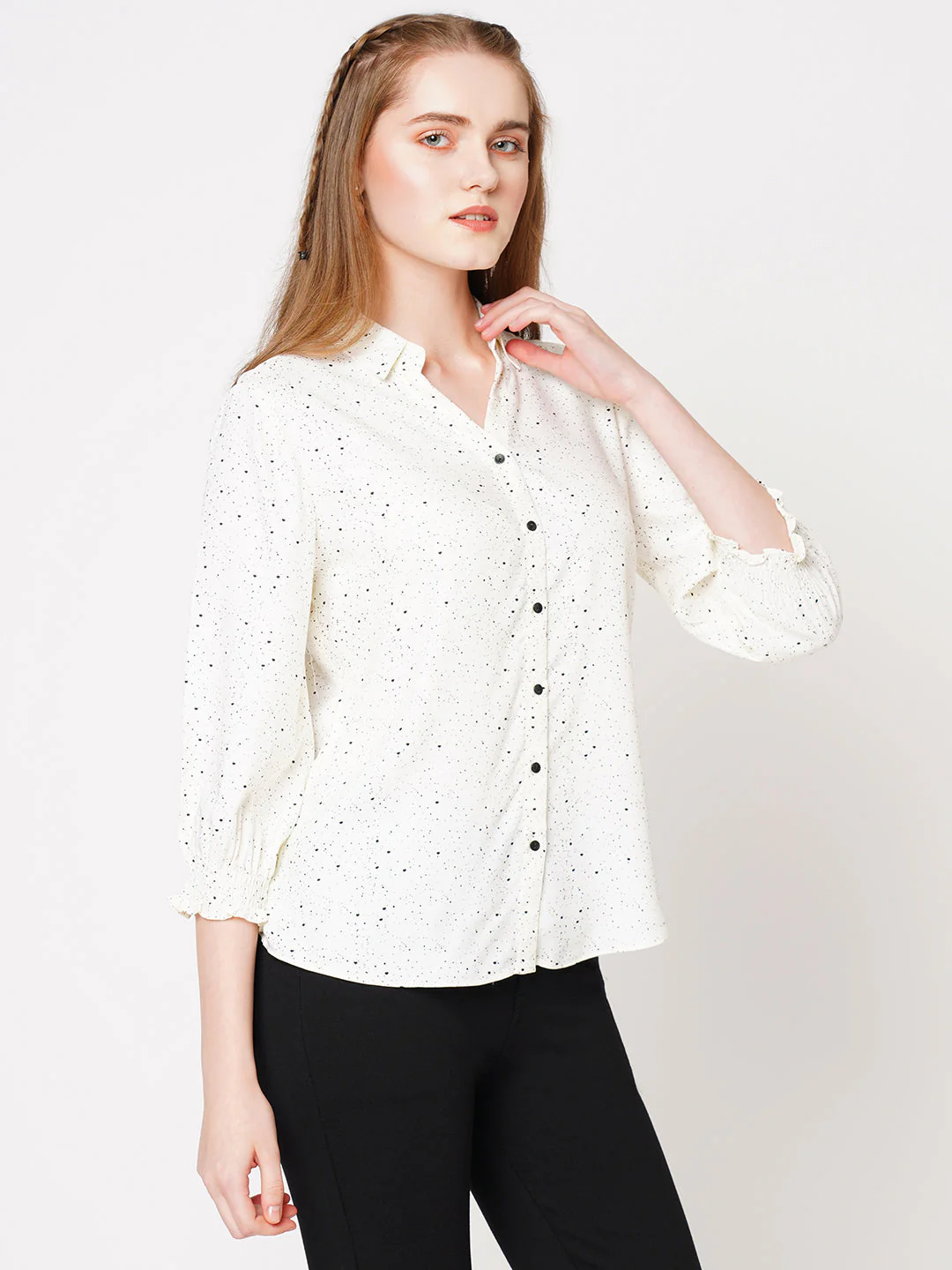 Women Off White Dots Printed Shirt - Image 5