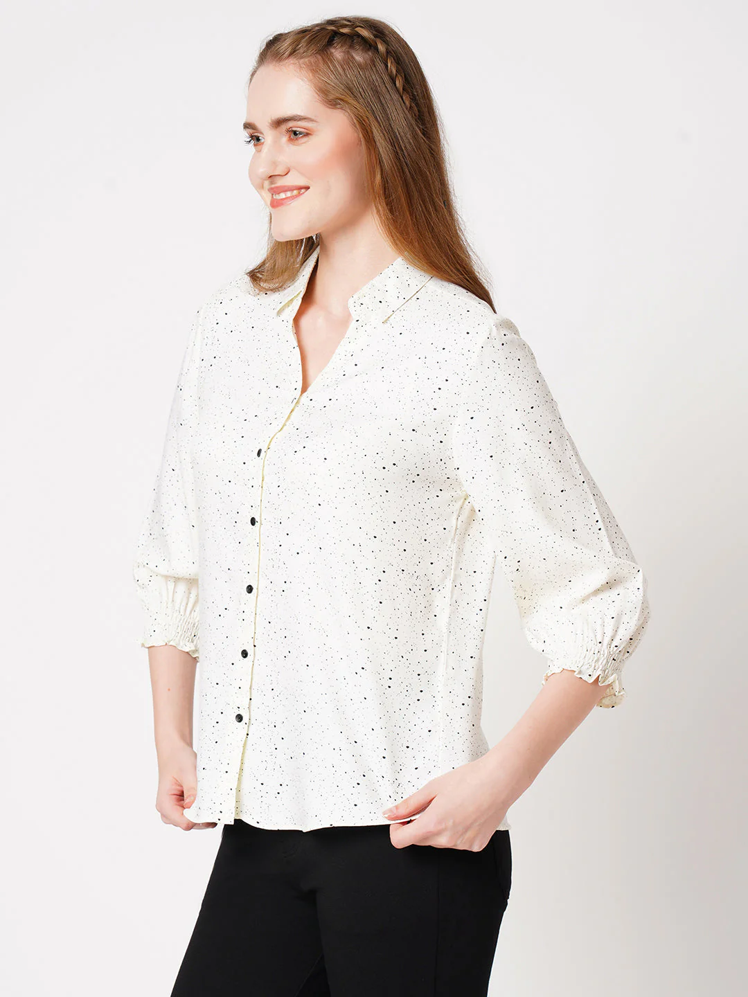 Women Off White Dots Printed Shirt - Image 6