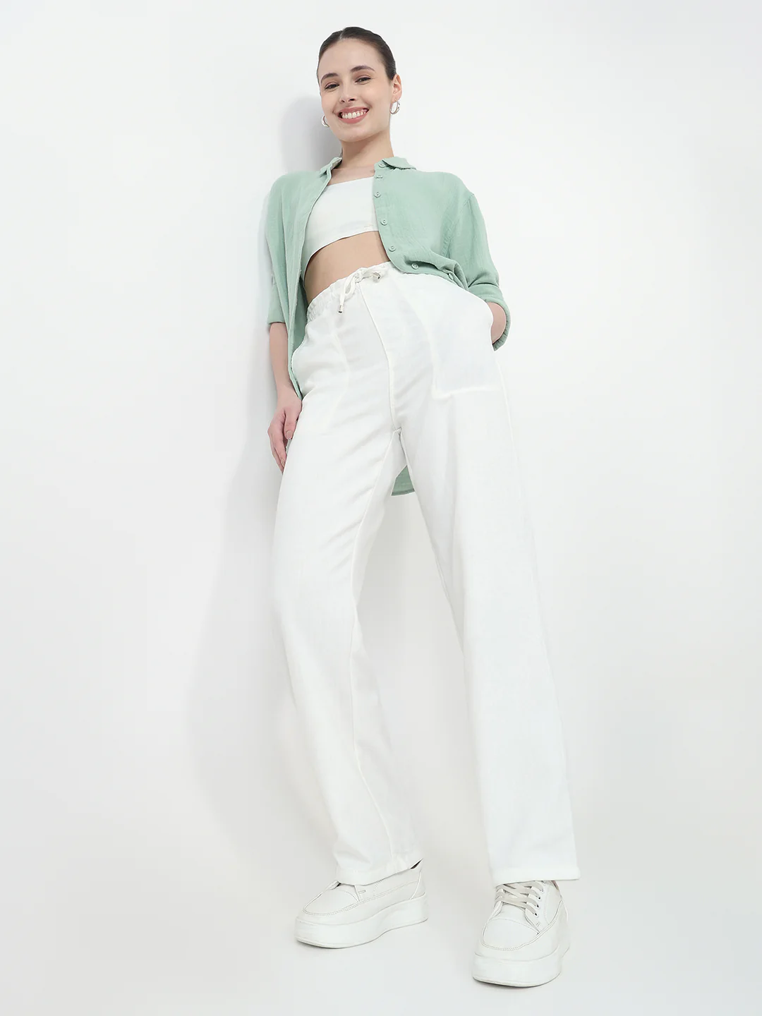 Women Off White Loose Straight Paper Bag Pants
