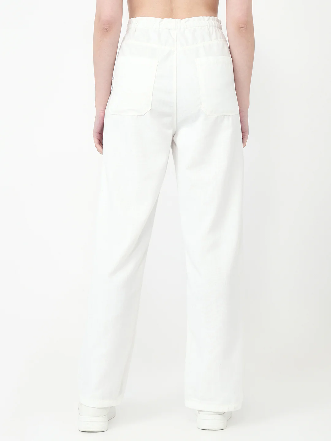 Women Off White Loose Straight Paper Bag Pants - Image 3