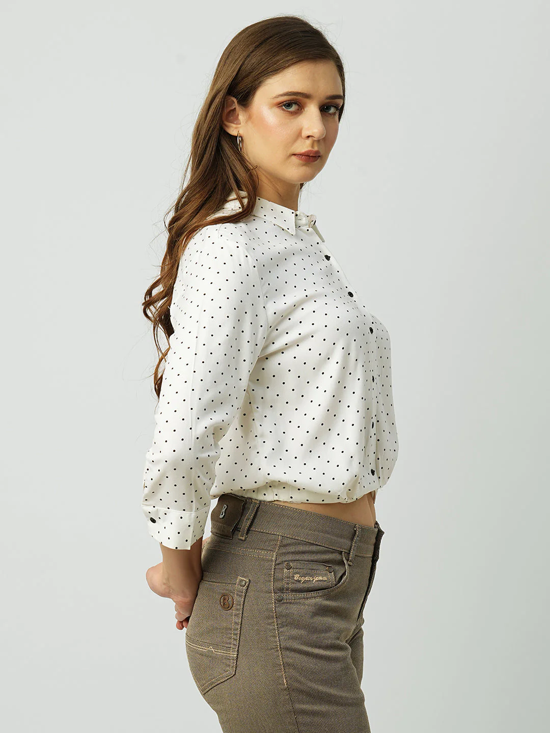 Women Off White Polka Dot Slim Shirt - Image 4