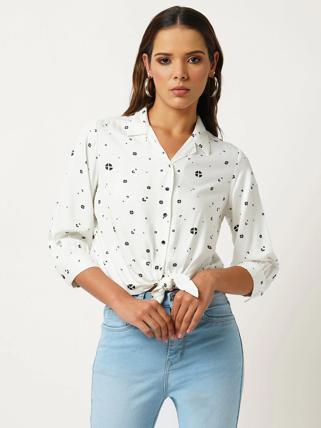 Women Off White Printed Crop Shirt
