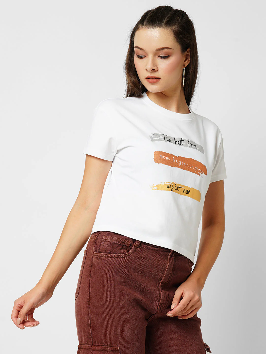 Women Off White Printed Slim T-Shirt - Image 4