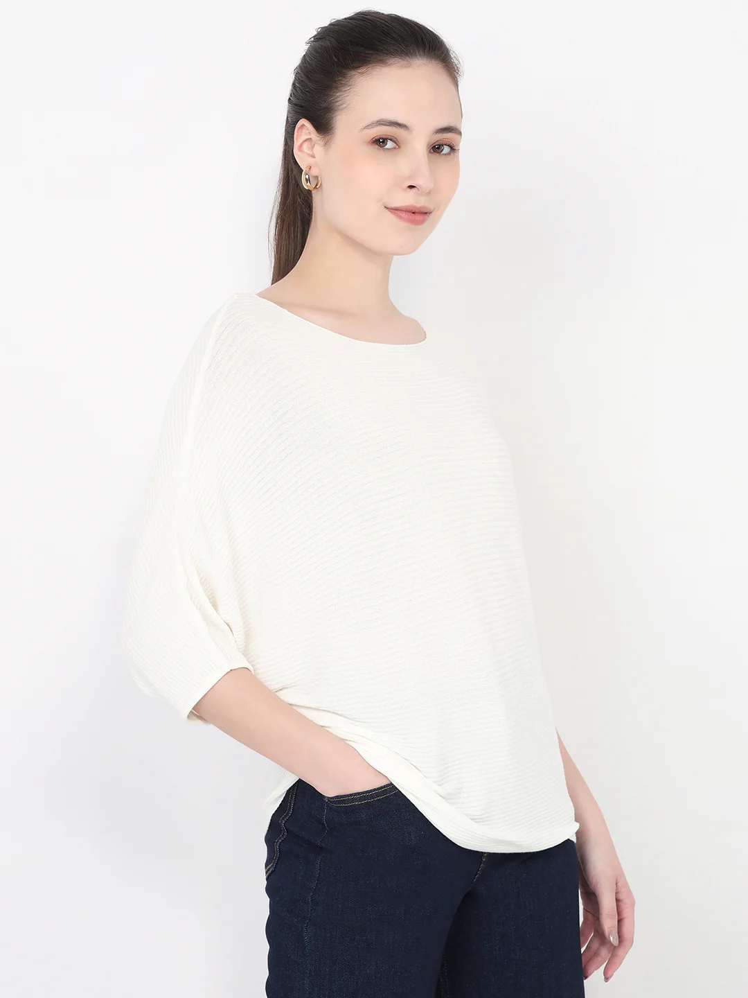Women Off White Slim Batsleeve Top - Image 5