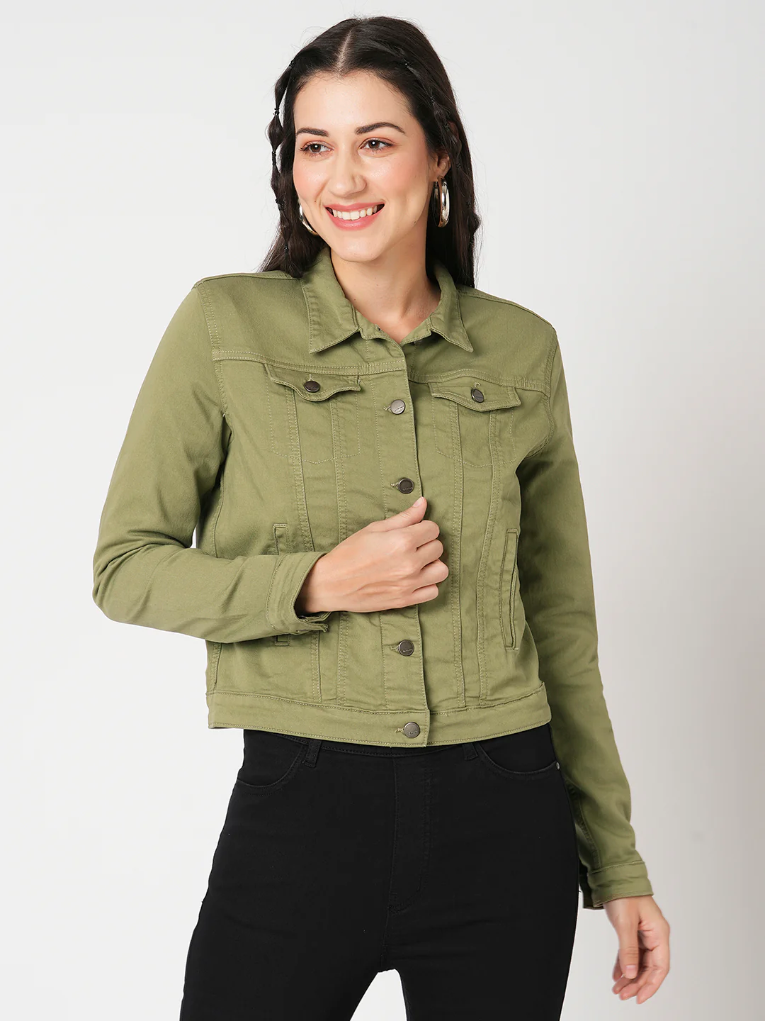 Women Olive Denim Jacket - Image 2