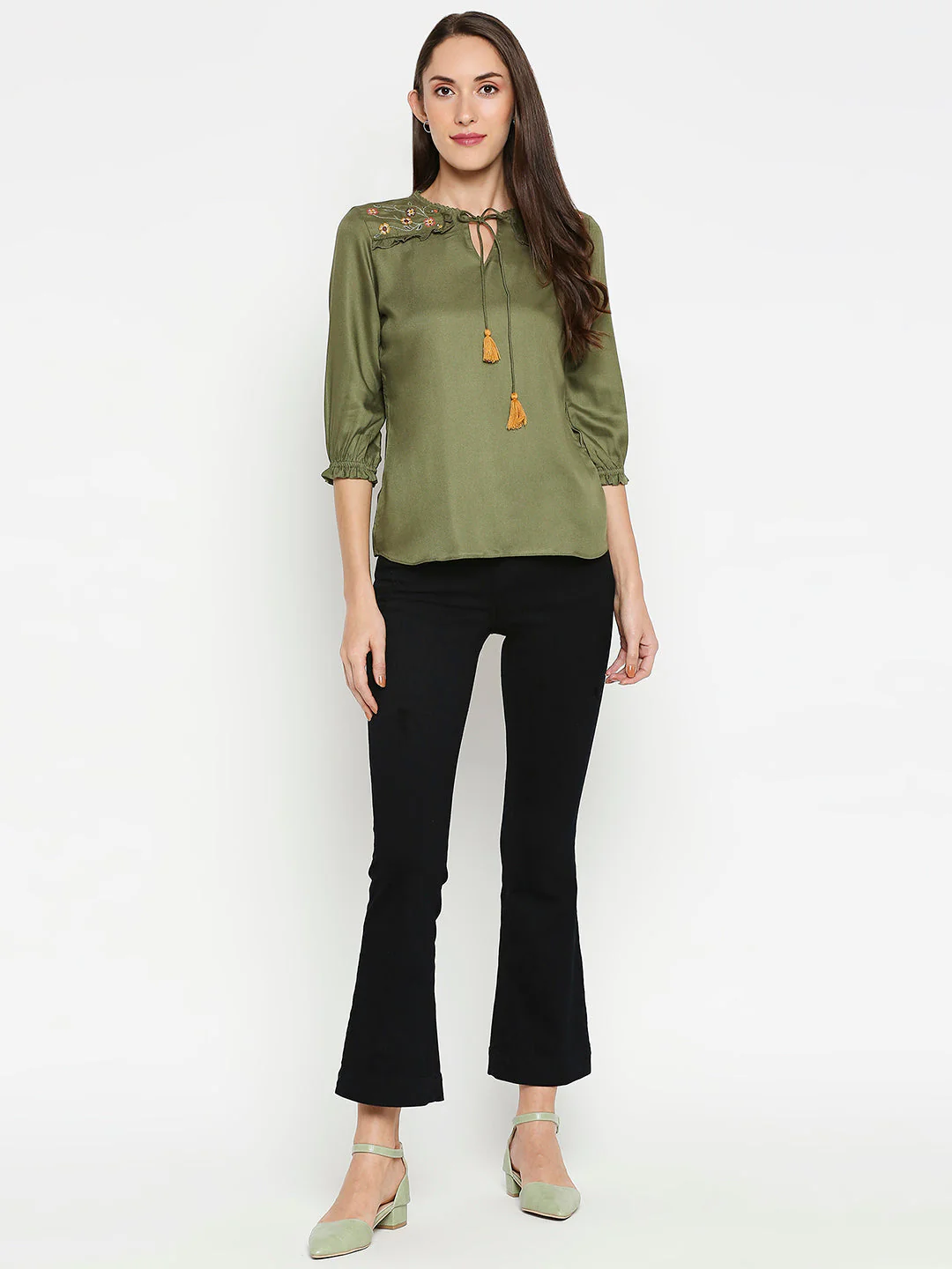 Women Olive Embroidery Top
