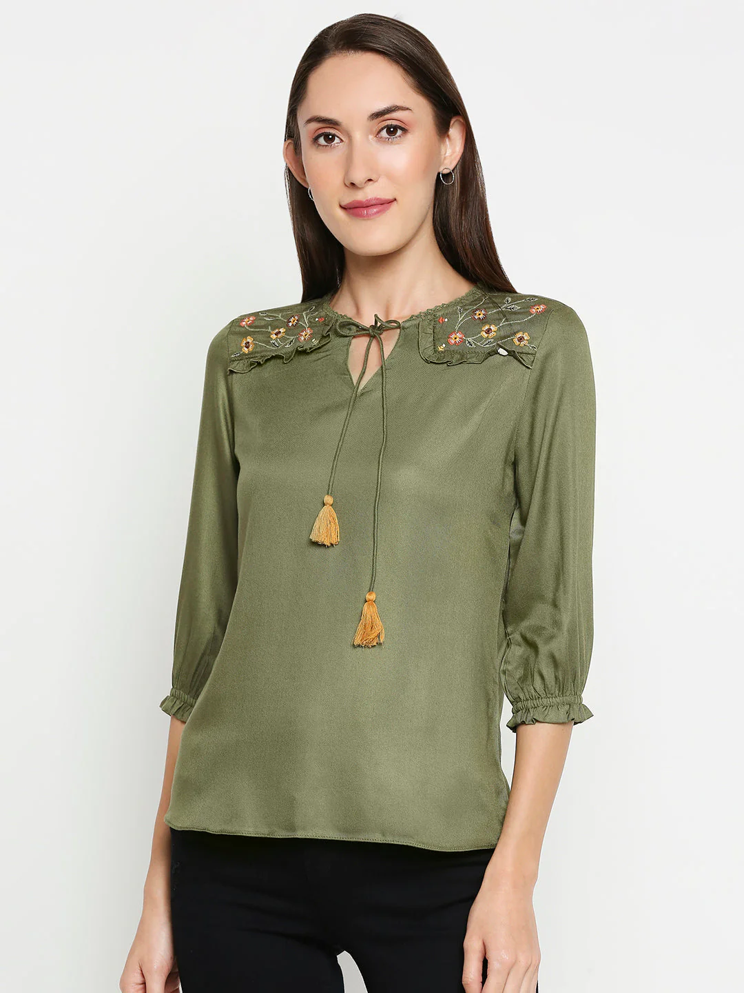 Women Olive Embroidery Top - Image 2