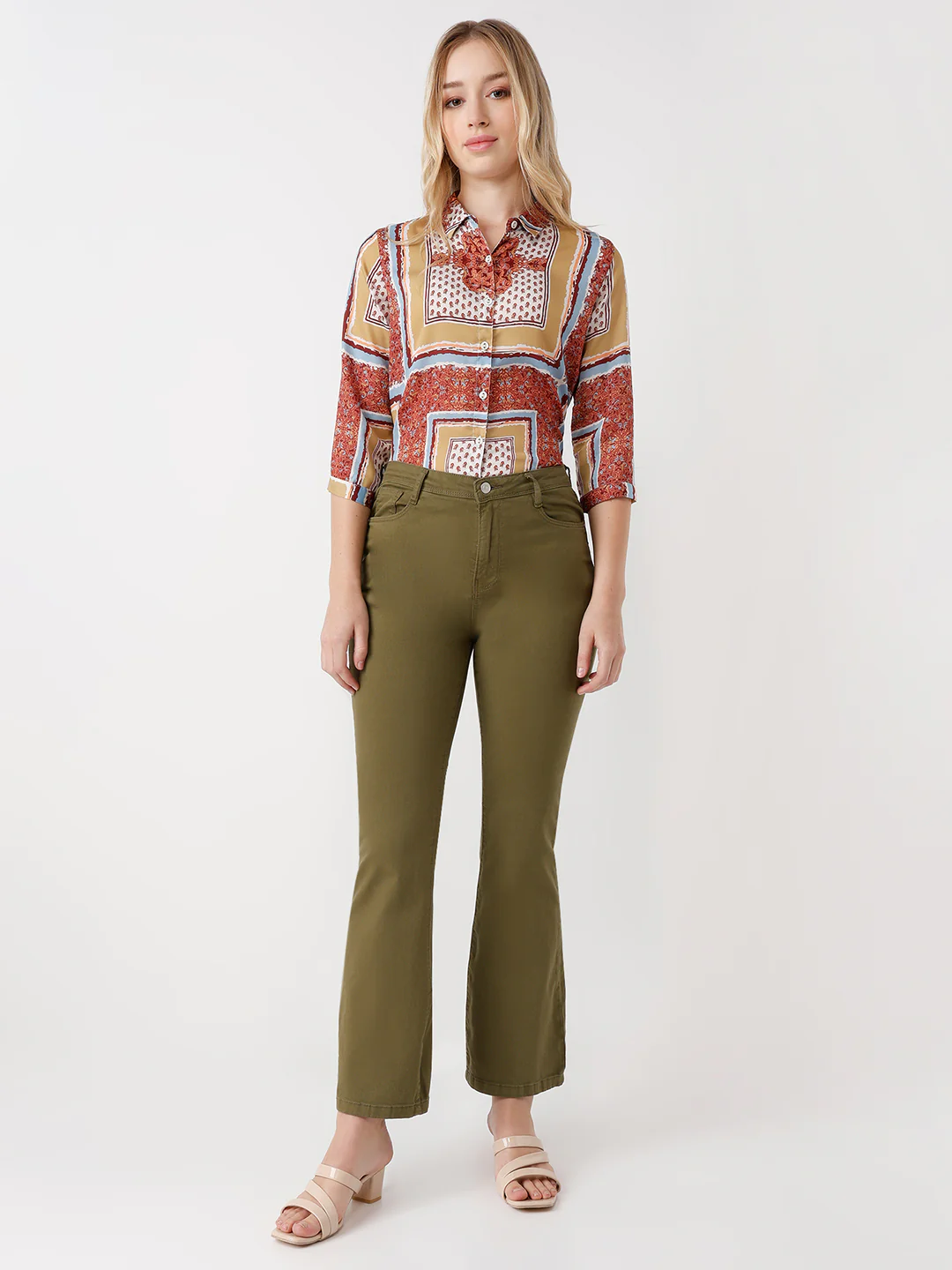 Women Olive High-Rise Flare Jeans
