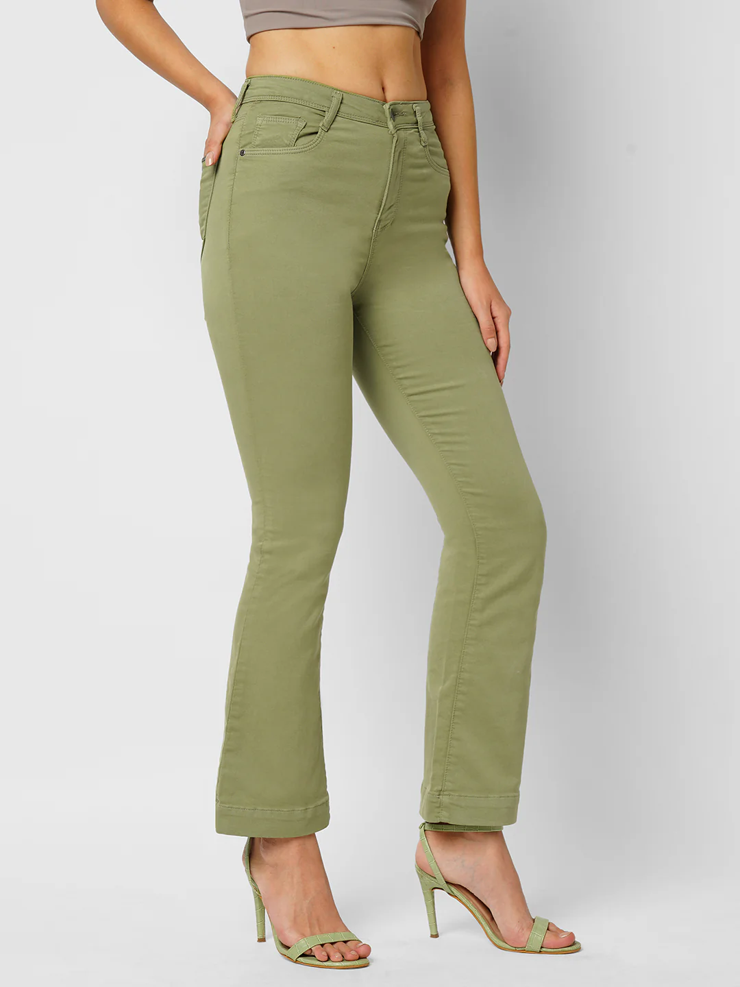 Women Olive High-Rise Mini Flare Jeans - Image 4