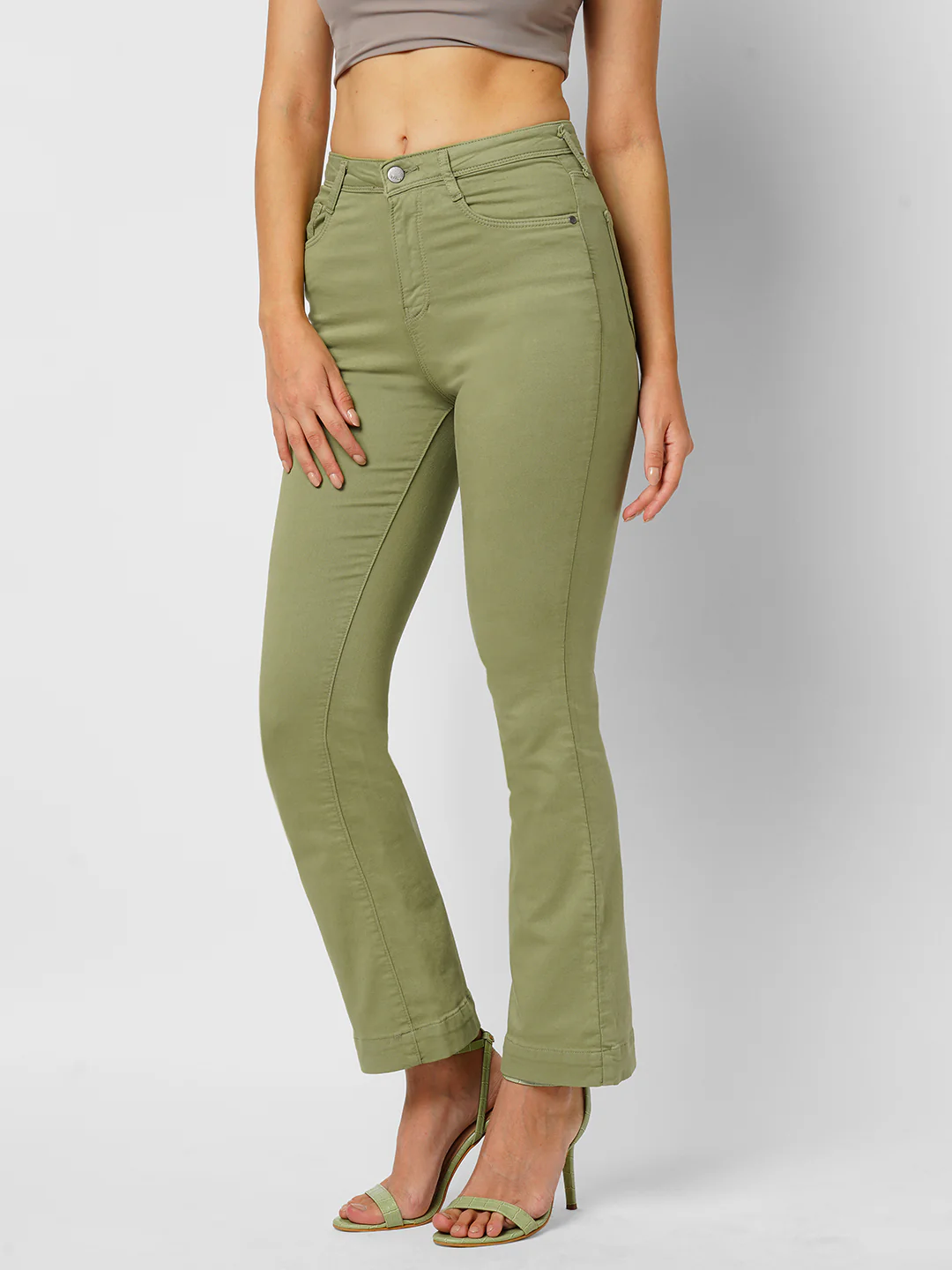 Women Olive High-Rise Mini Flare Jeans - Image 5