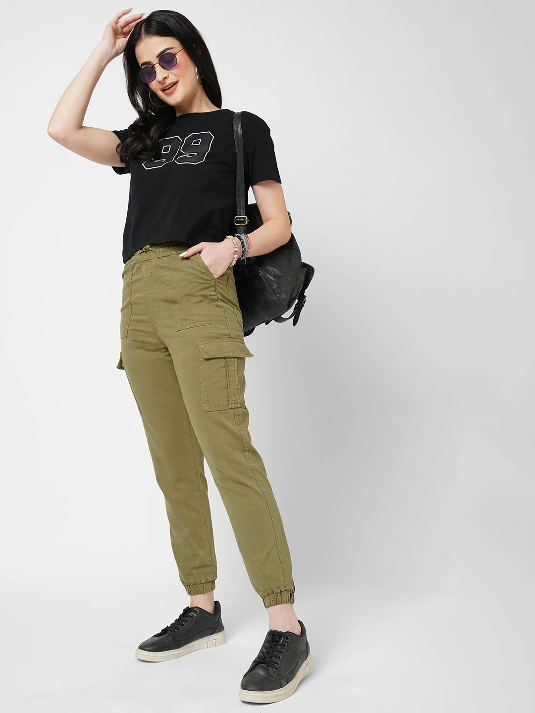 Women Olive High-Rise Paper Bag Pants - Image 2