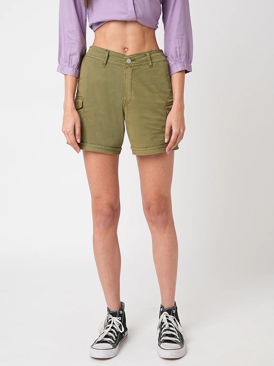 Women Olive High-Rise Slim Shorts - Image 2