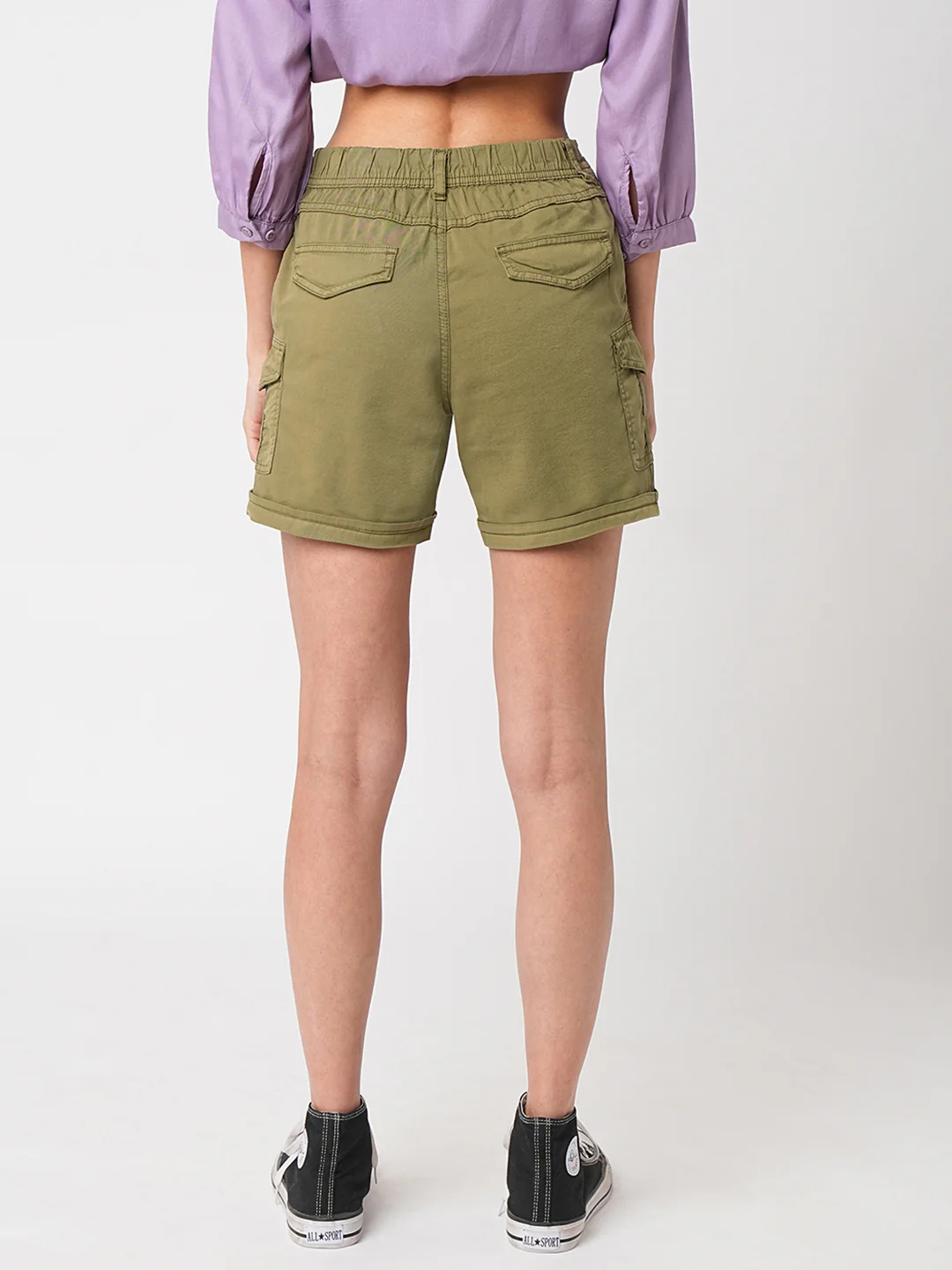 Women Olive High-Rise Slim Shorts - Image 3