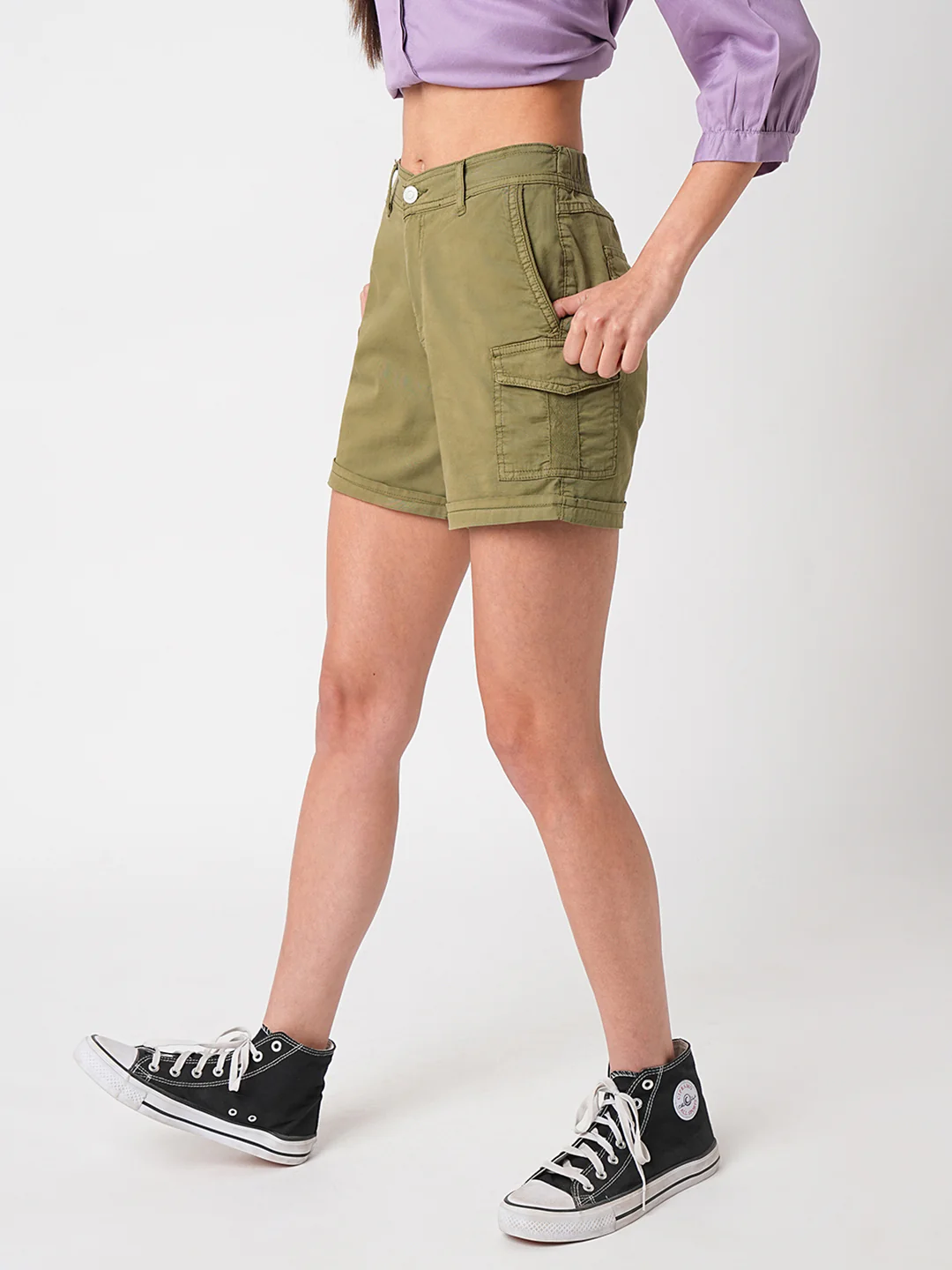 Women Olive High-Rise Slim Shorts - Image 5