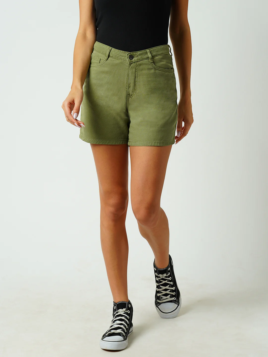 Women Olive High-Rise Slim Shorts - Image 2