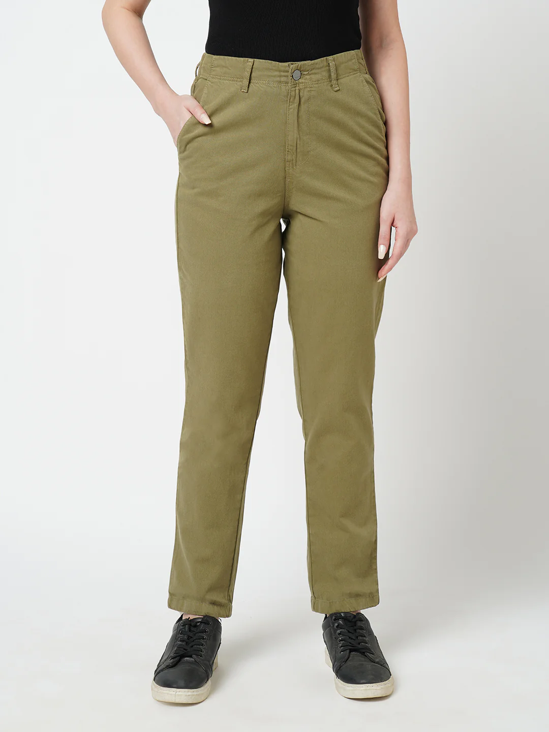Women Olive High-Rise Trousers - Image 2