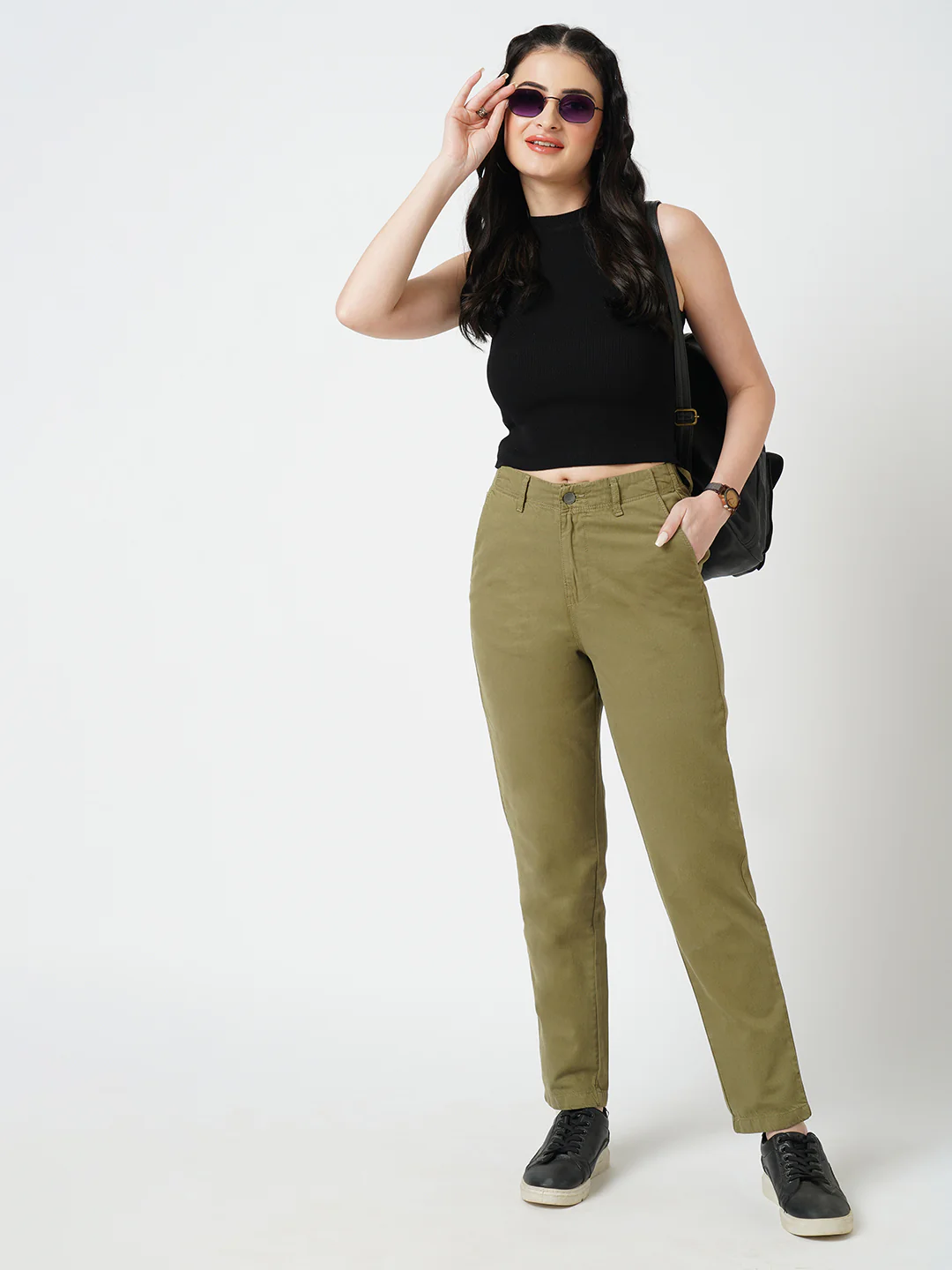 Women Olive High-Rise Trousers - Image 4
