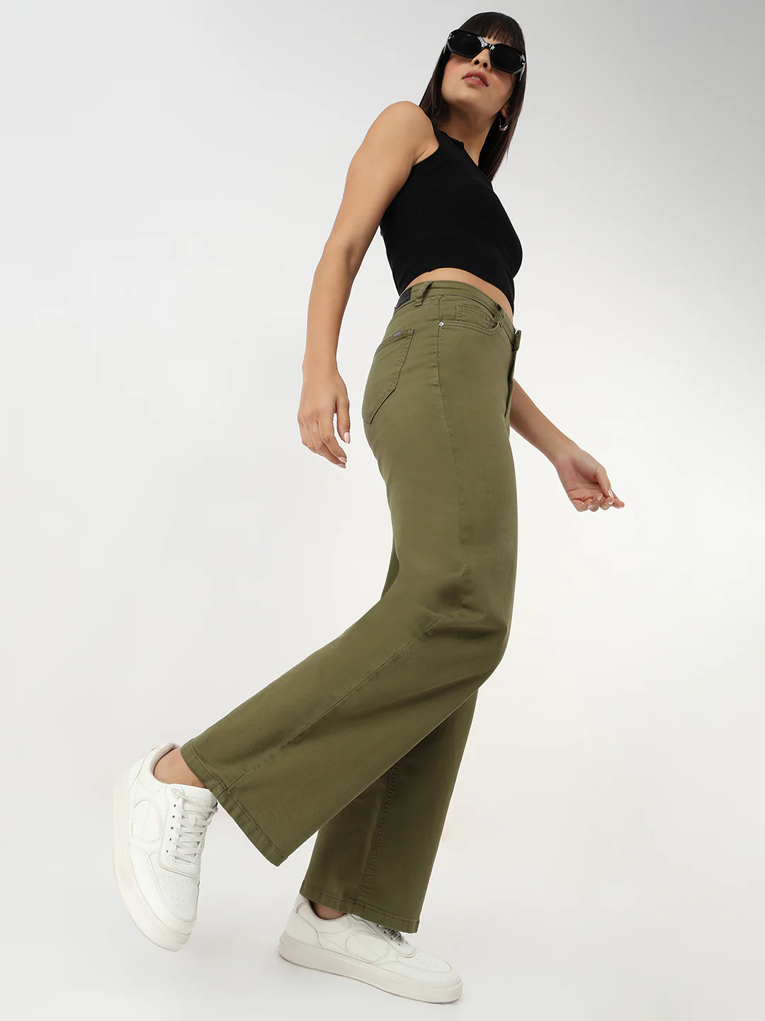 Women Olive High-Rise Wide Leg Jeans