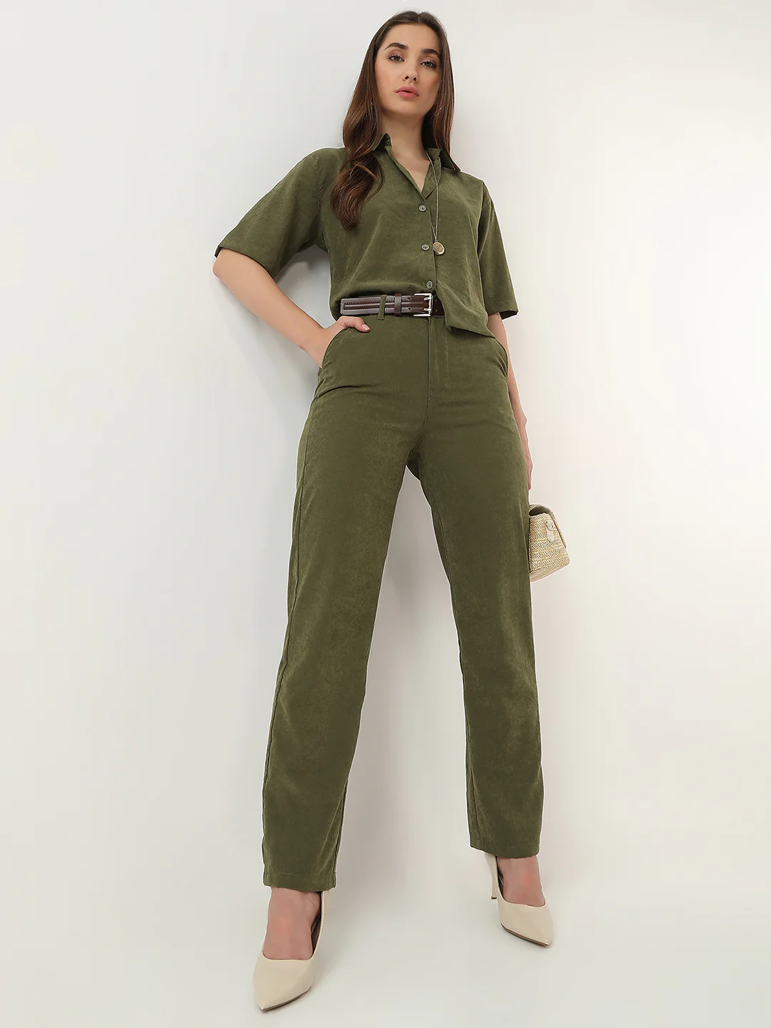 Women Olive Loose Straight Fit Korean Pants