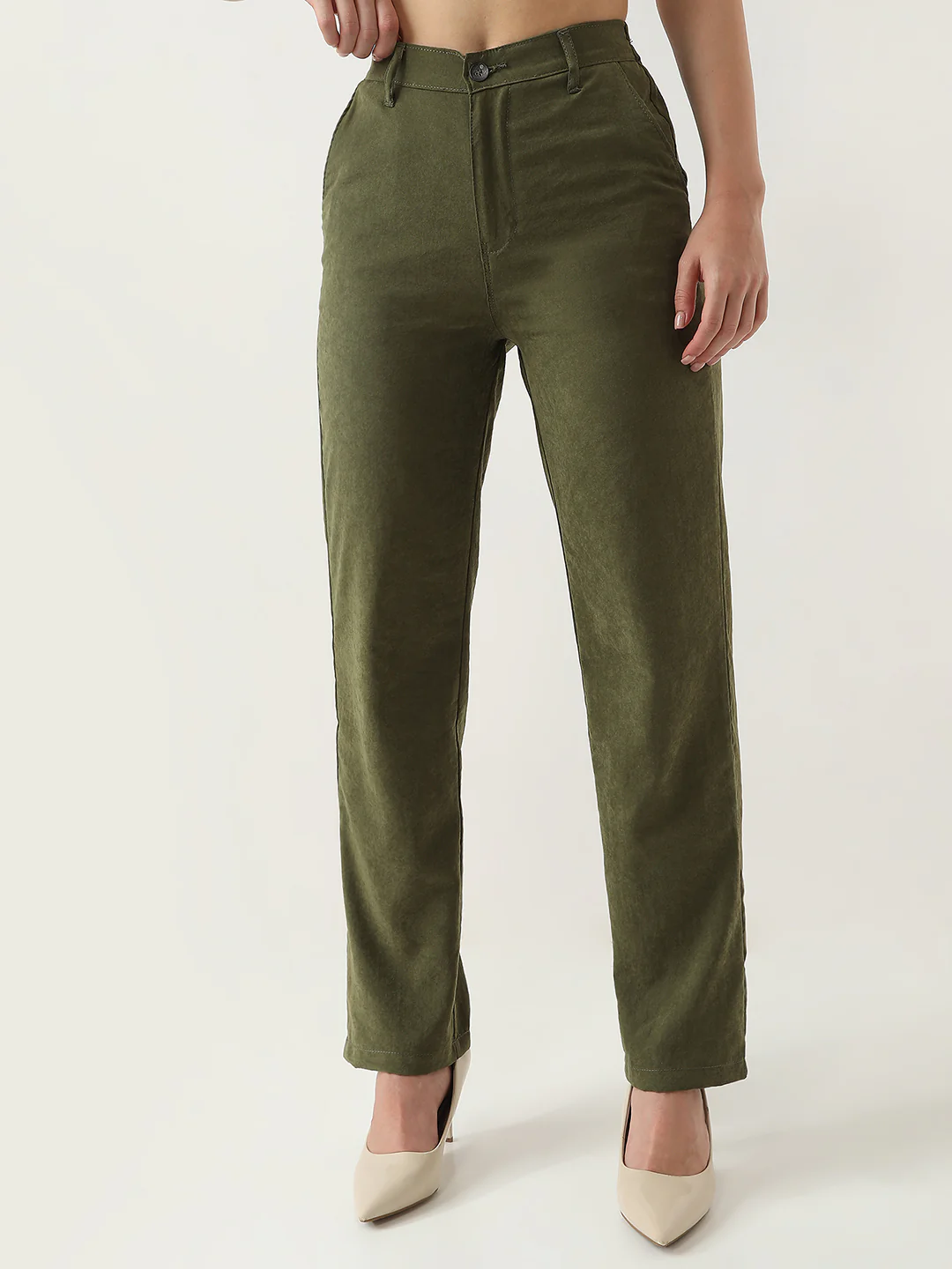 Women Olive Loose Straight Fit Korean Pants - Image 2