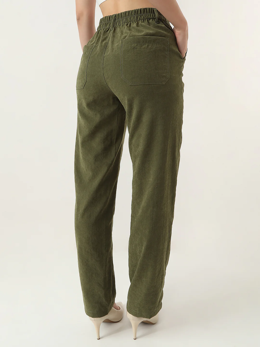 Women Olive Loose Straight Fit Korean Pants - Image 3