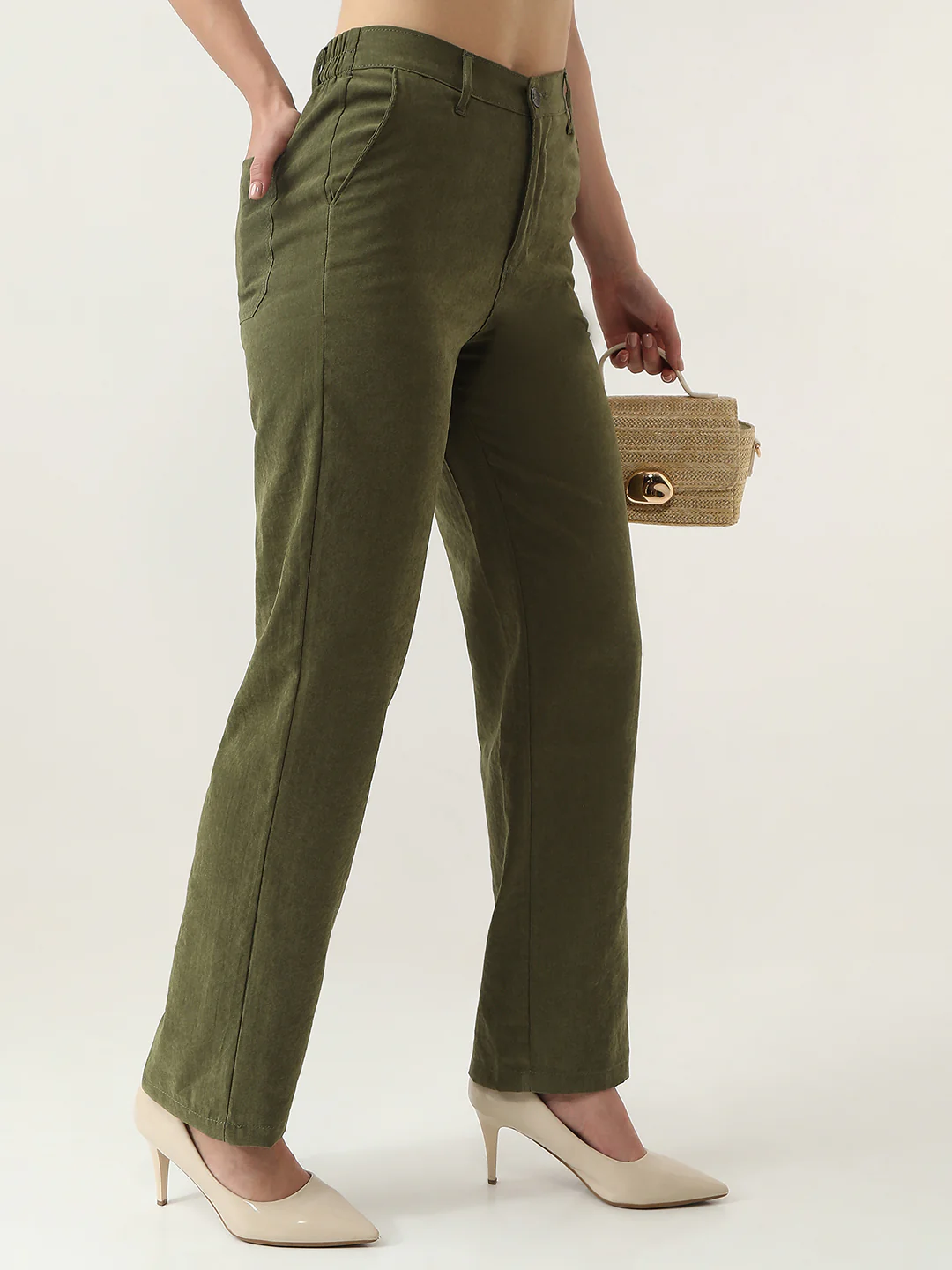 Women Olive Loose Straight Fit Korean Pants - Image 5