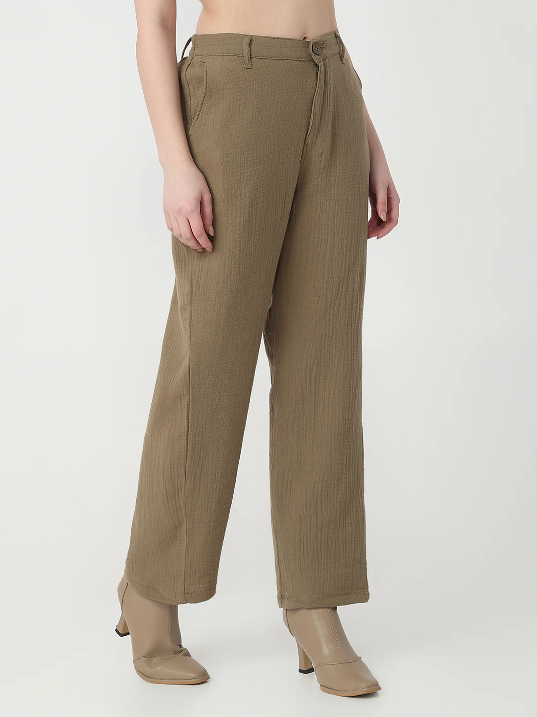 Women Olive Loose Straight Korean Pants - Image 2