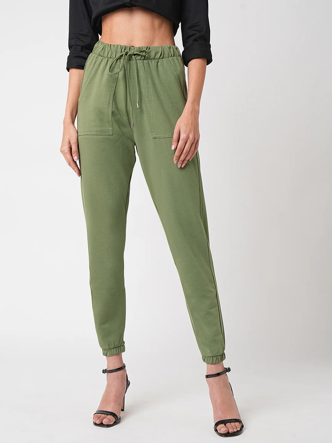 Women Olive Mid-Rise Athleisure Joggers - Image 2
