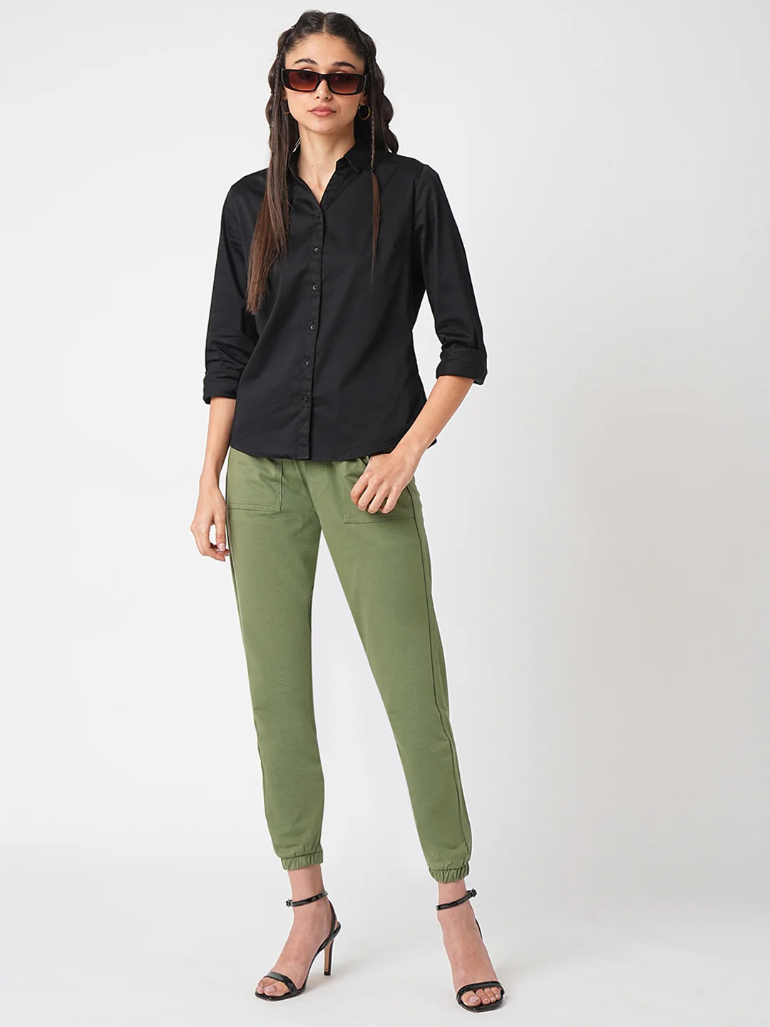 Women Olive Mid-Rise Athleisure Joggers - Image 4