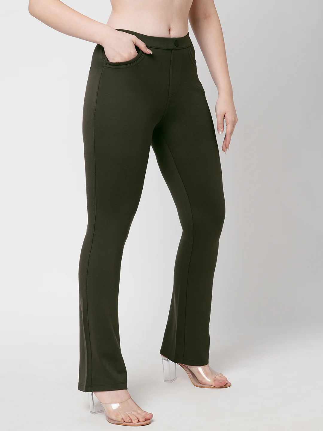Women Olive Mid-Rise Mini Flare Treggings - Image 5