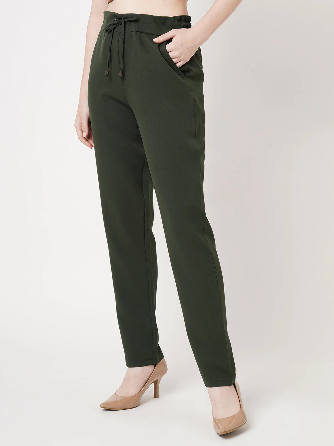 Women Olive Mid-Rise Slim Fit Trousers - Image 6