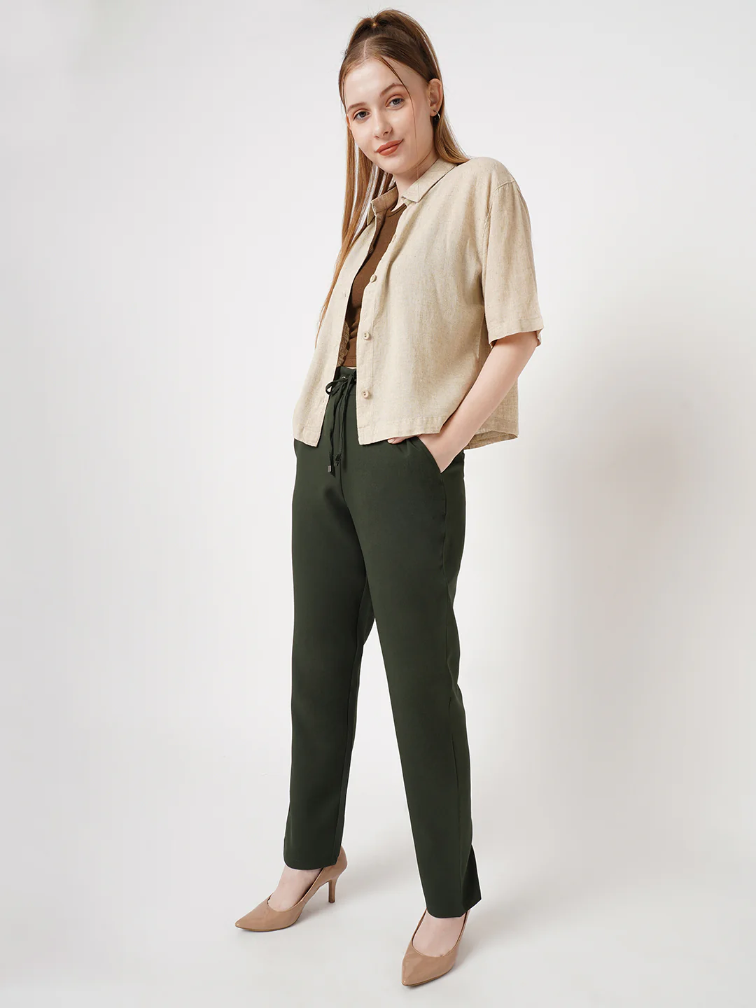Women Olive Mid-Rise Trouser - Image 4