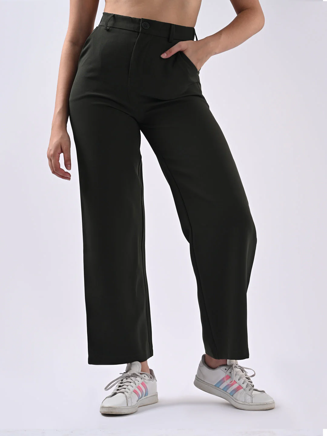 Women Olive Mid-Rise Wide Leg Trousers - Image 2