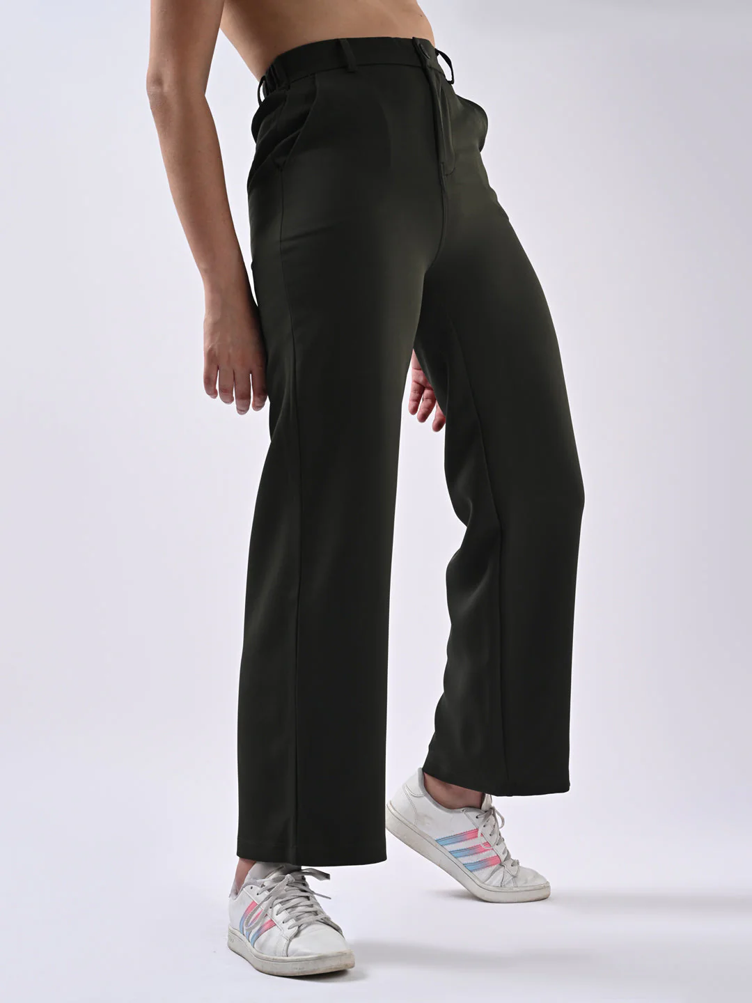 Women Olive Mid-Rise Wide Leg Trousers - Image 4