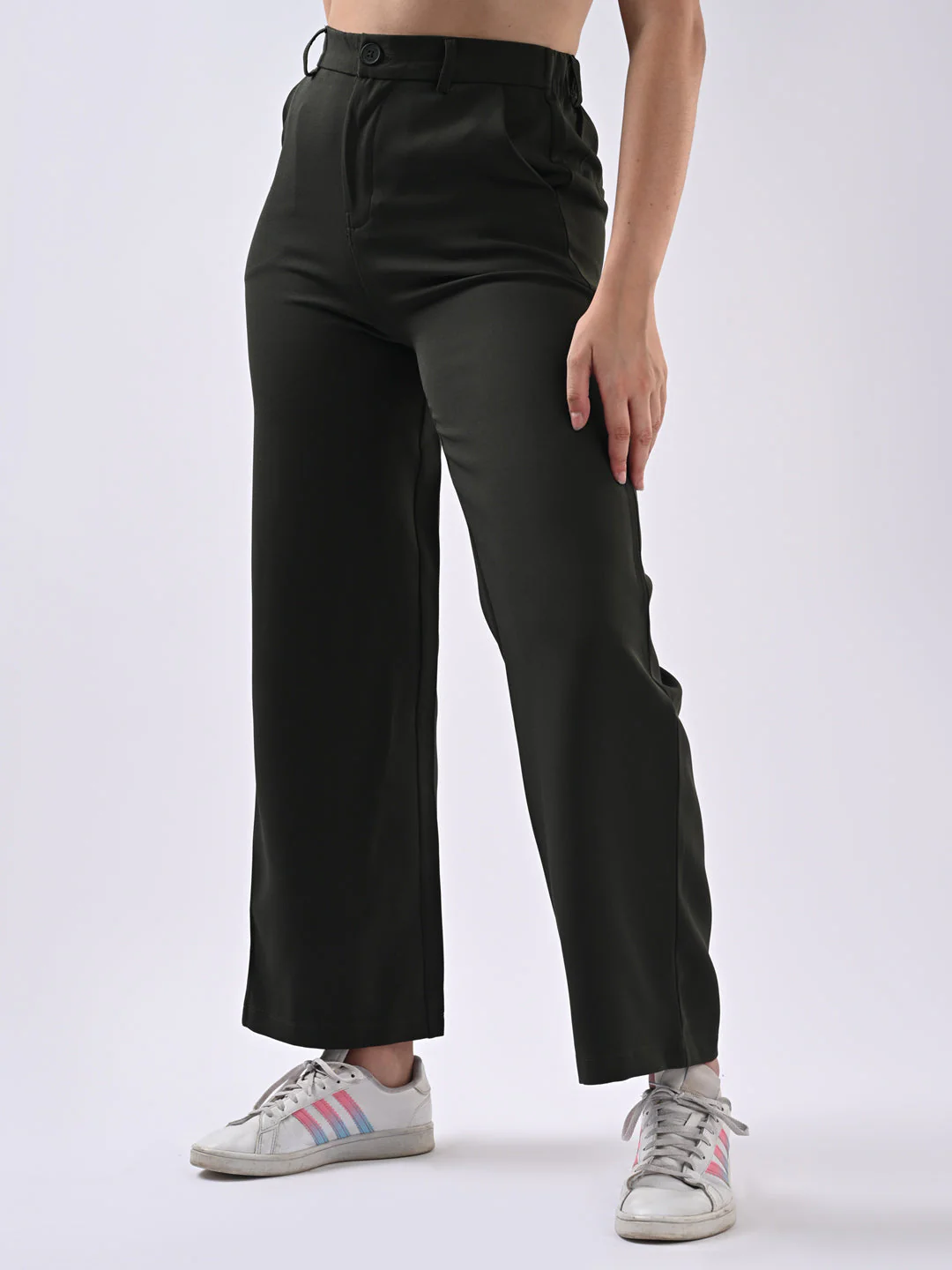 Women Olive Mid-Rise Wide Leg Trousers - Image 6