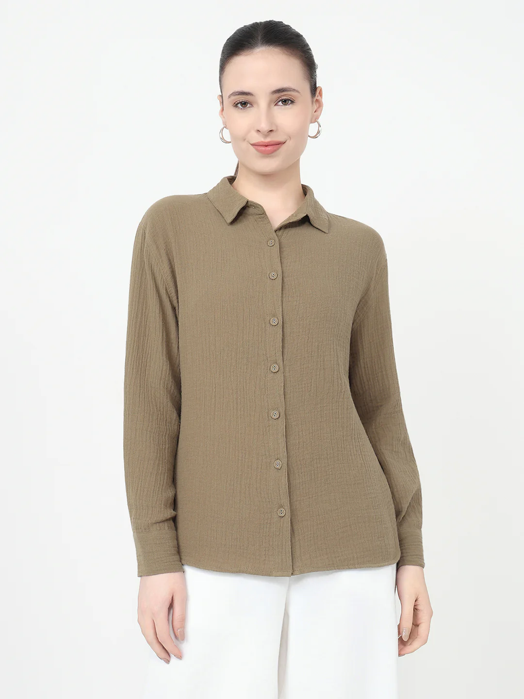 Women Olive Oversized Shirt - Image 2