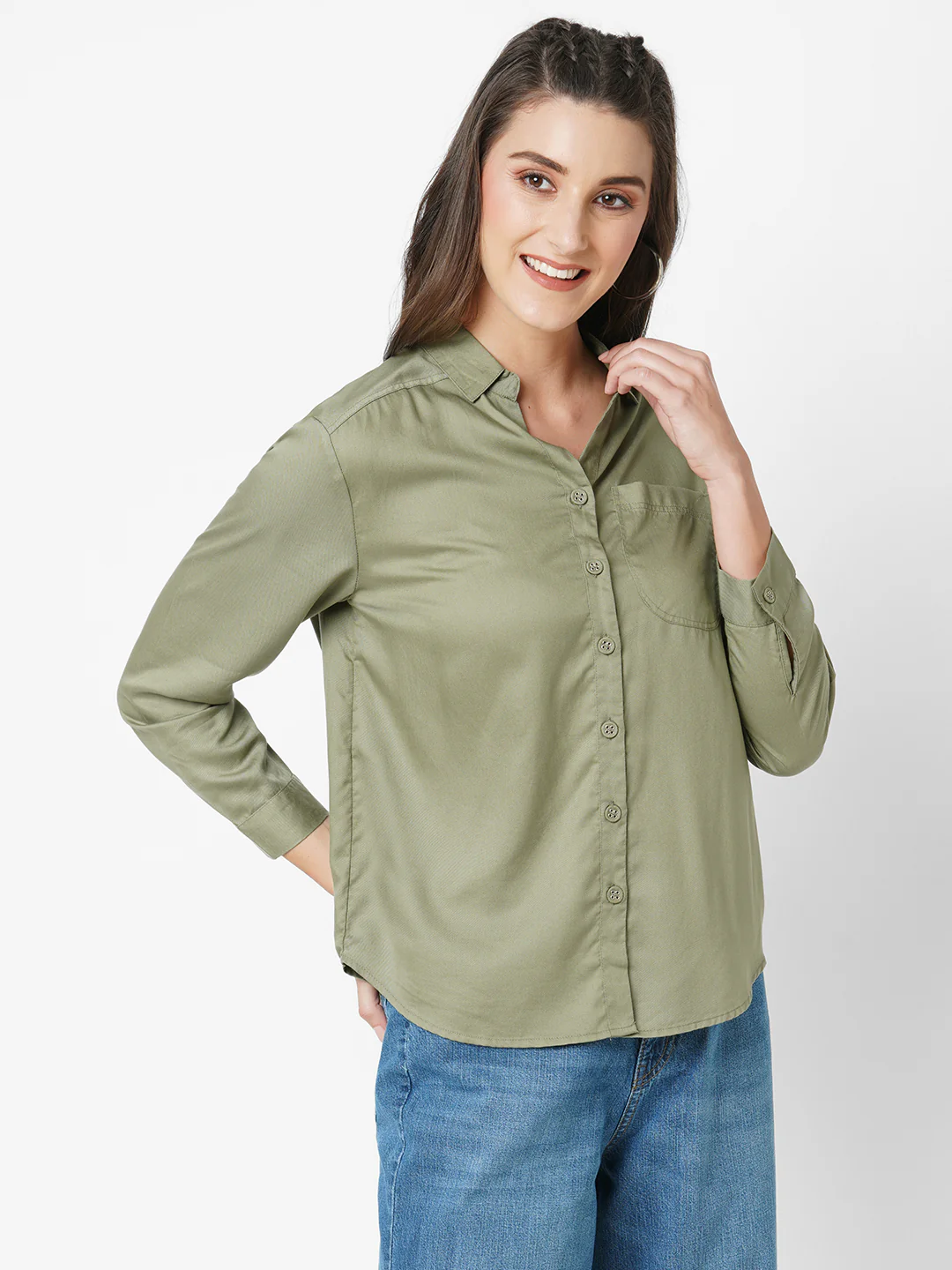Women Olive Oversized Shirt - Image 5