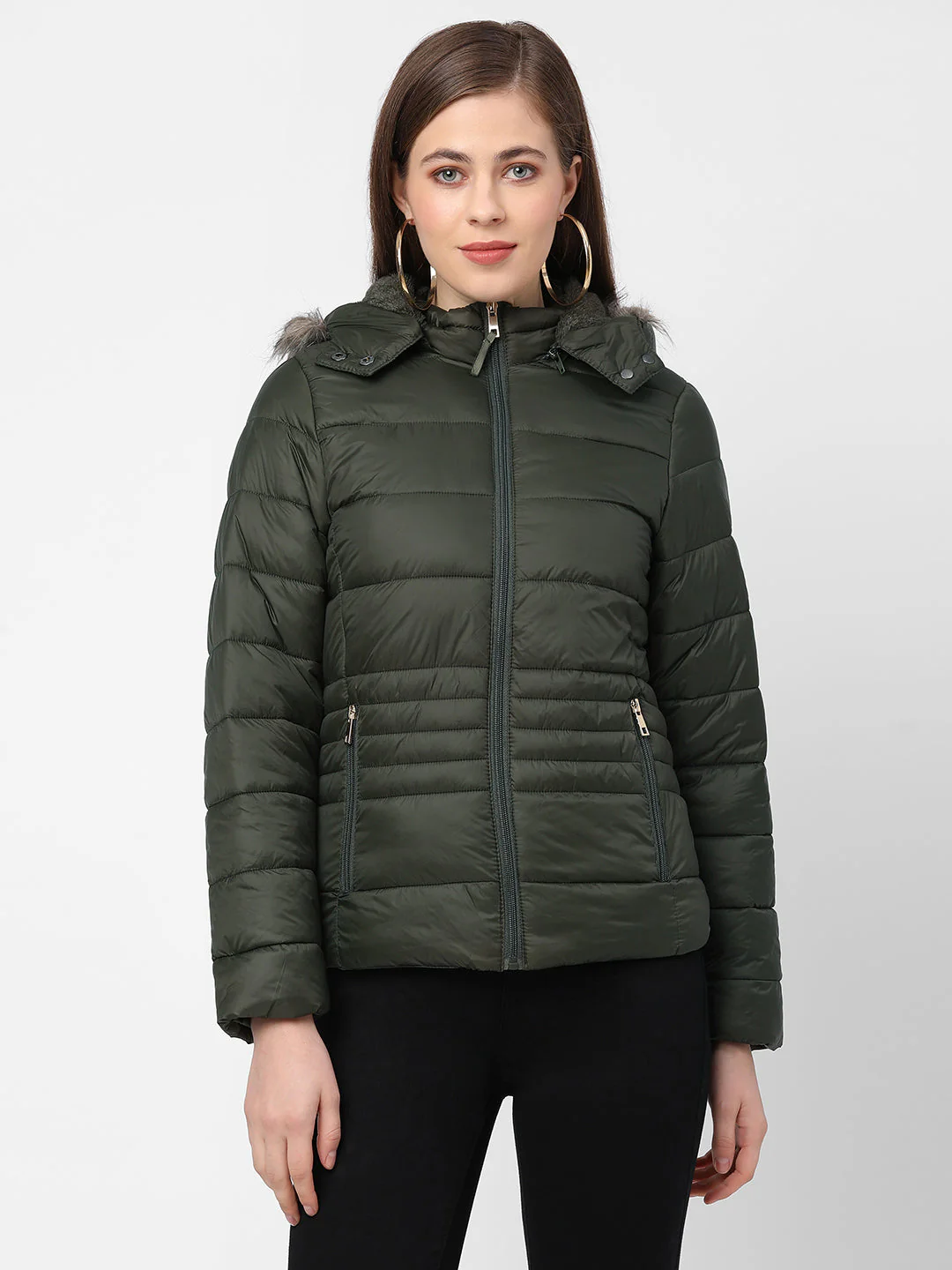 Women Olive Padded Jacket With Faux-Fur Lined Hood