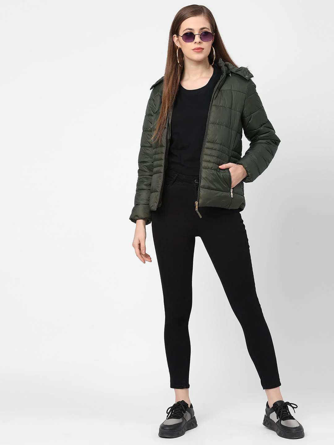 Women Olive Padded Jacket With Faux-Fur Lined Hood - Image 2