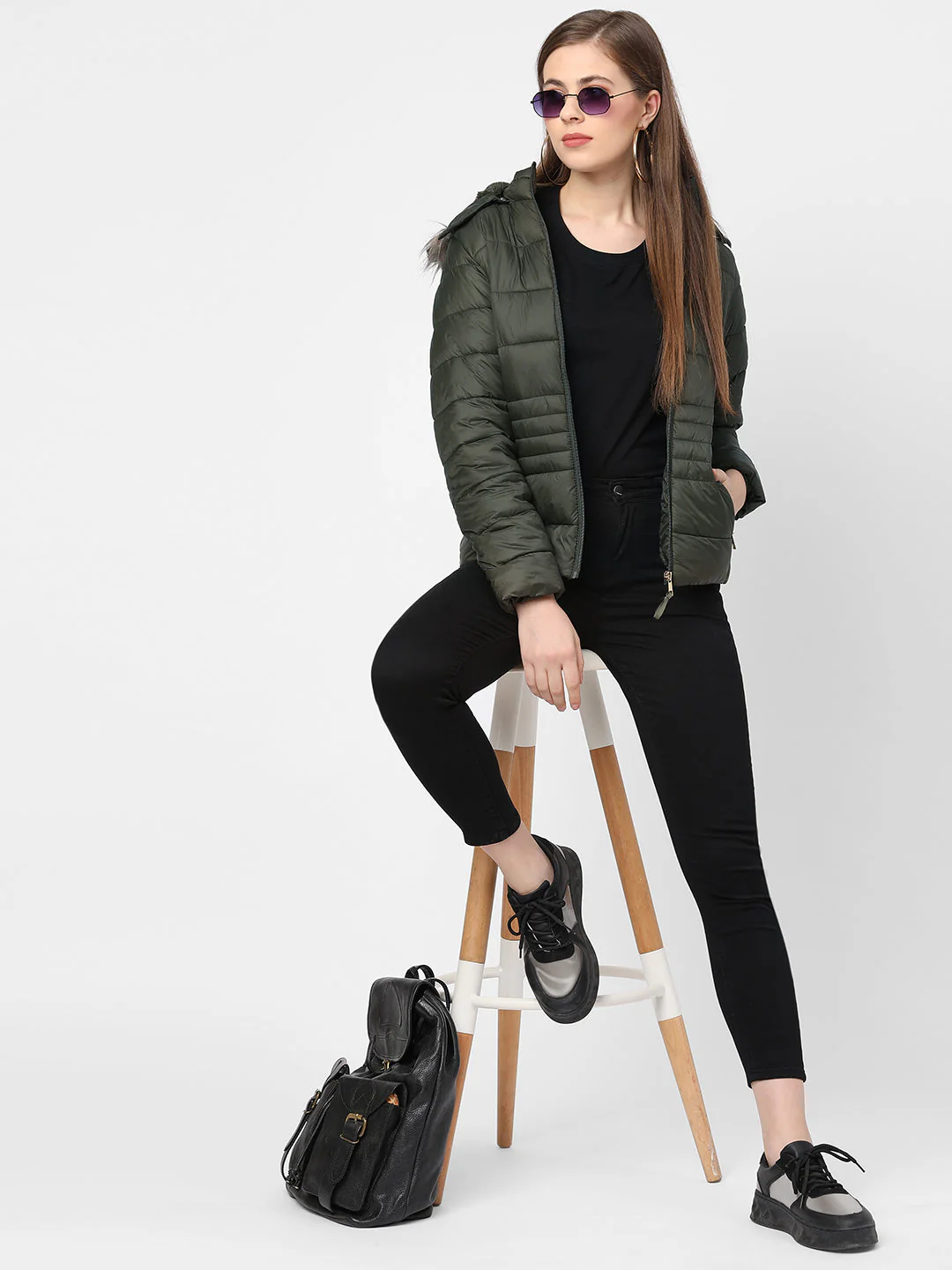 Women Olive Padded Jacket With Faux-Fur Lined Hood - Image 4