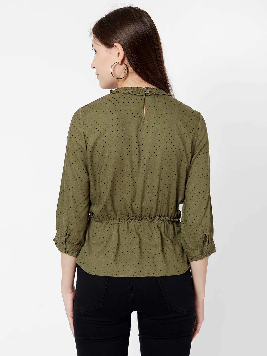 Women Olive Polka Dot Top - Image 2