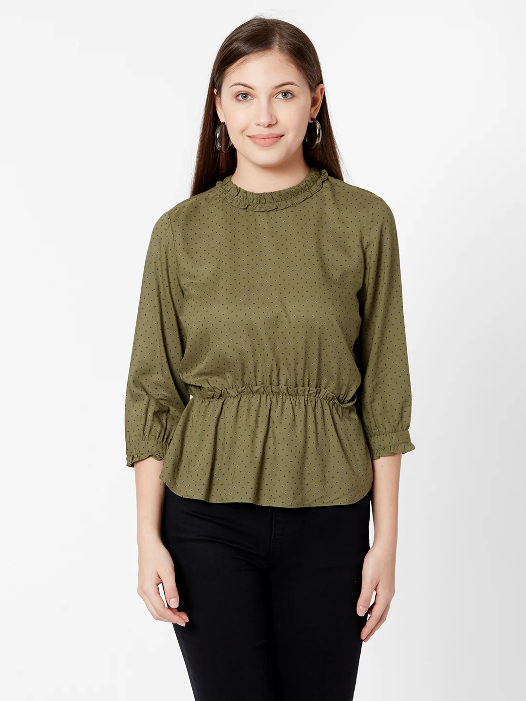 Women Olive Polka Dot Top - Image 3