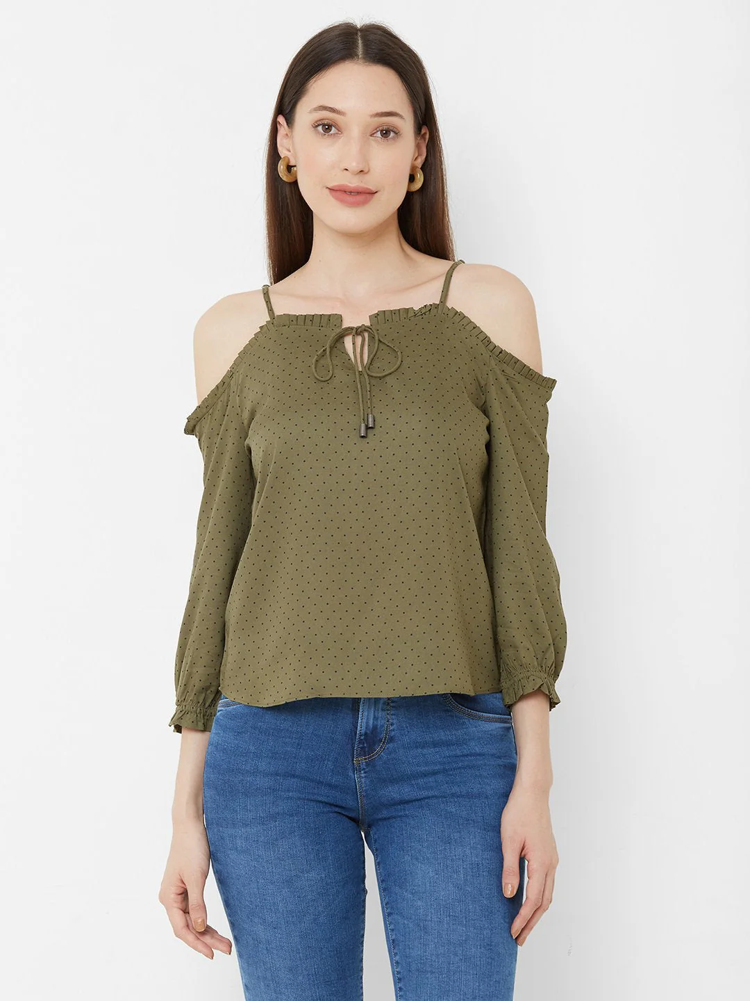 Women Olive Polka Dot Top - Image 2